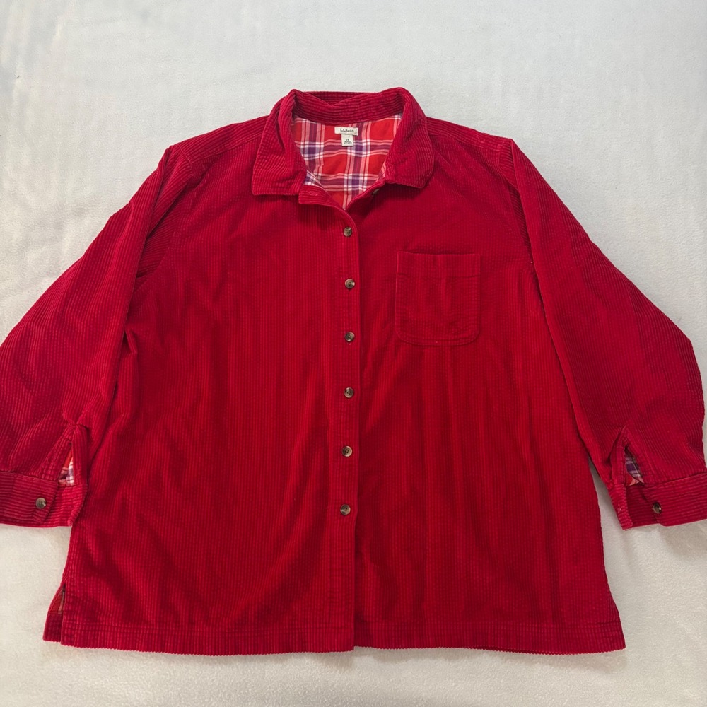 LL Bean Womens 2X Red Corduroy Flannel Lined Shirt Jacket Plaid 279407